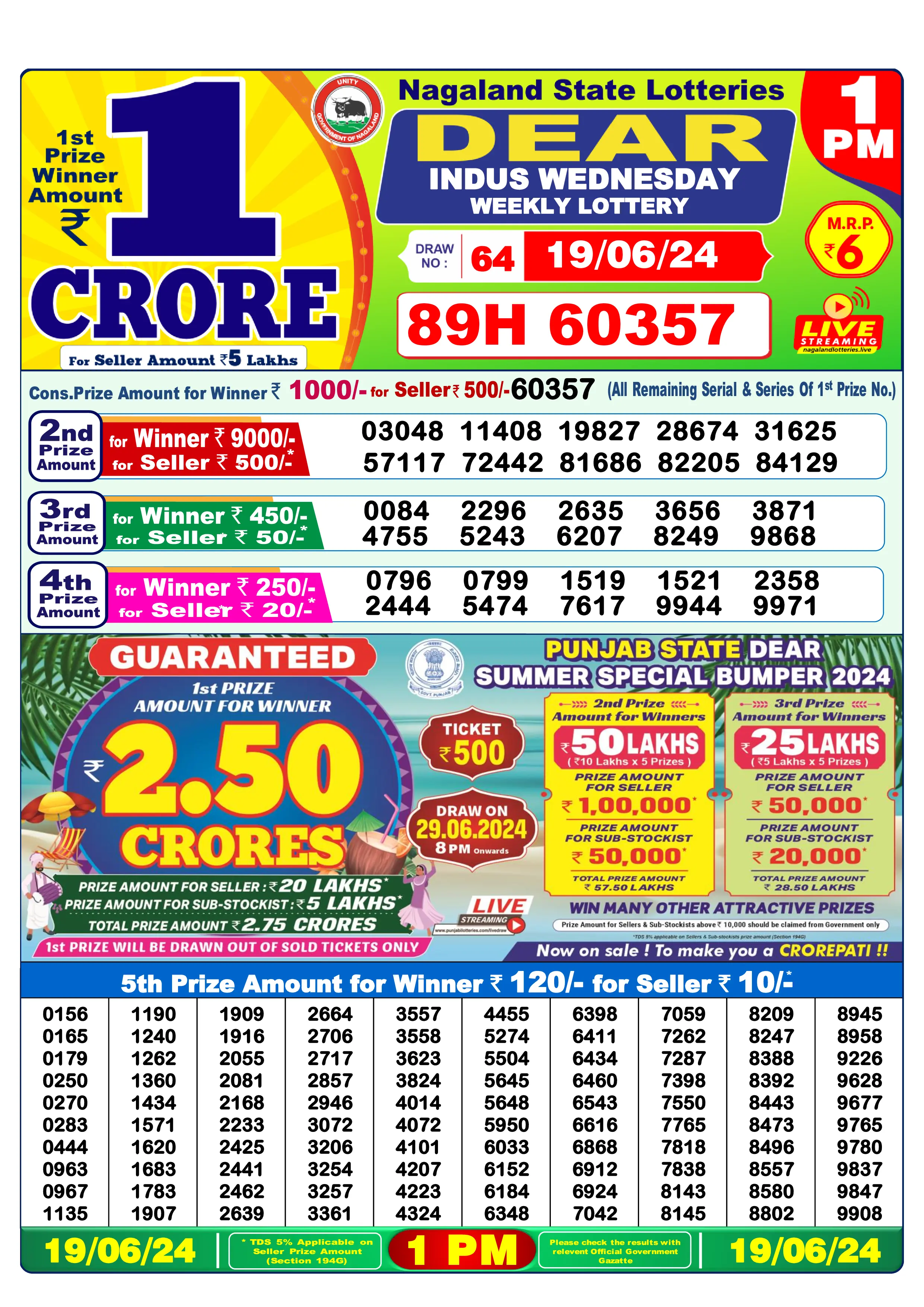 dear lottery result today 1 pm