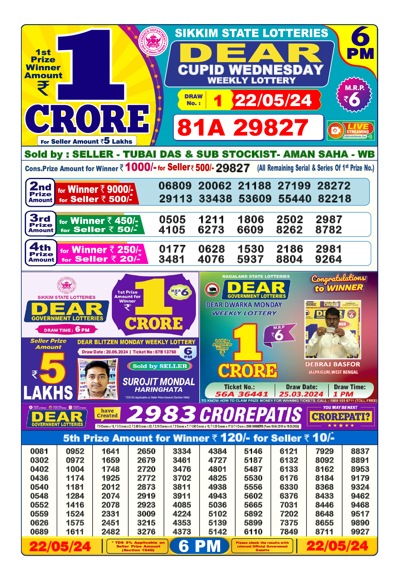 dear lottery result today 6pm