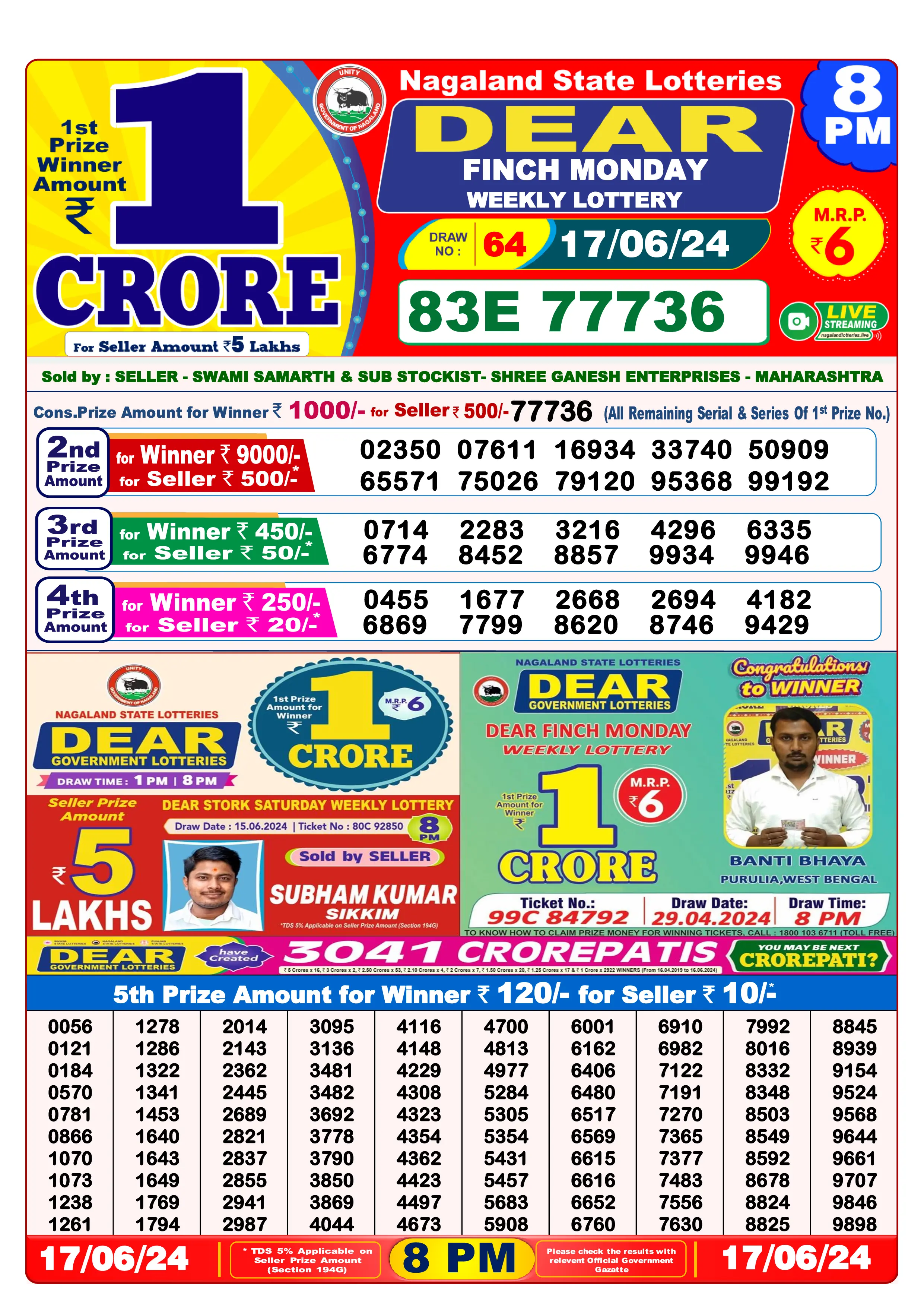dear lottery result today 8pm